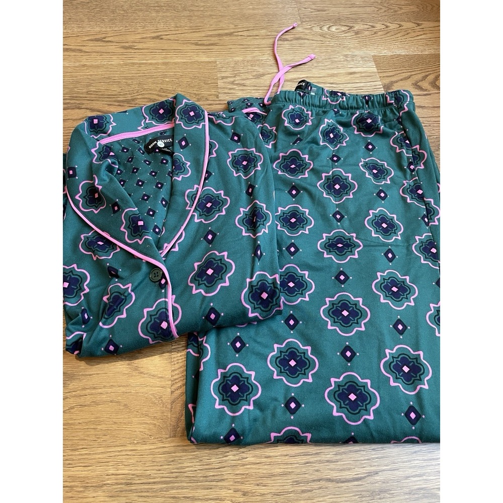 Room Service Pajama Set Womens XL Green Paisley Medallion Shawl Collar 2pc NWOT